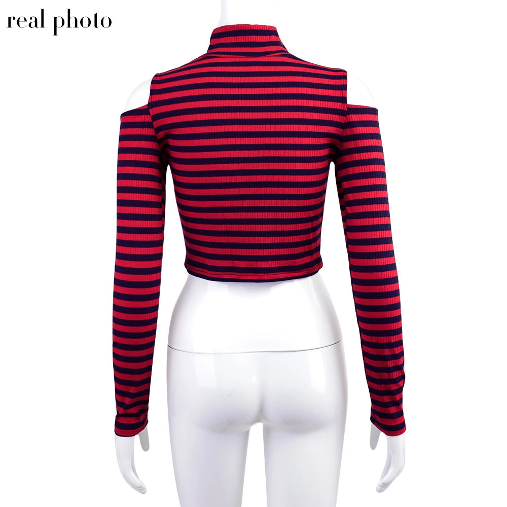 Grunge Striped Mall Gothic Basic T-shirts Punk E-girl Aesthetic Bodycon Casual Crop Tops Long Sleeve Open Shoulder Tee Gothic