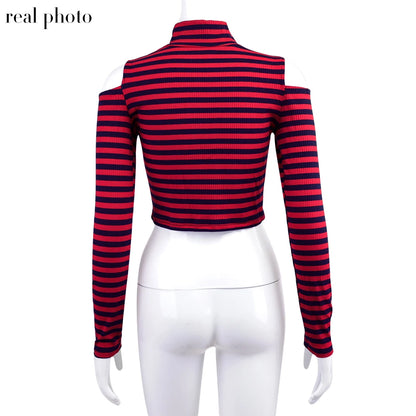 Grunge Striped Mall Gothic Basic T-shirts Punk E-girl Aesthetic Bodycon Casual Crop Tops Long Sleeve Open Shoulder Tee Gothic