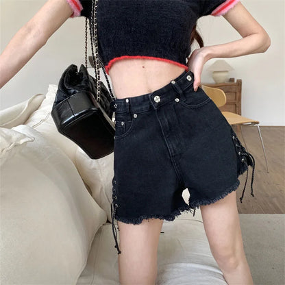 High Waist plus Size Slimming A-Line Wide Leg Super Short Hot Girl Denim Shorts Women's Summer Trendy Black Jeans  Skirt