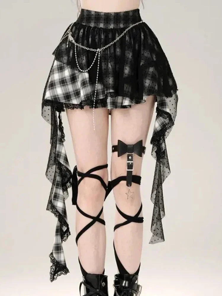 Y2K Harajuku Plaid Skirt Women Retro Streetwear High Waist Gothic Mini Skirt Retro Lace Patchwork Punk Fashion Skirt New Style