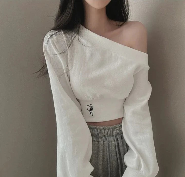 Slim Fit Long Sleeve Hoodie Women's Style Irregular Collar Show Shoulder Waist Cinching Short Length Commute Fashion  Color