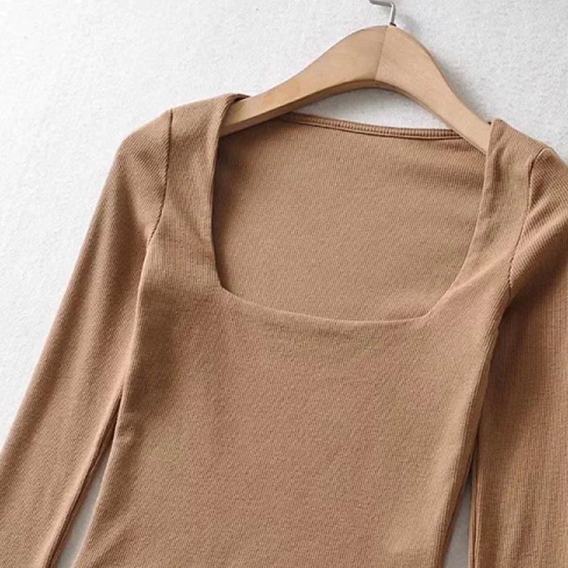 Women's Ribbed Square-Neck Long-Sleeve Crop Top