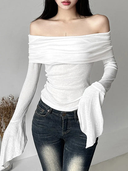 Y2k Aesthetic Simple Fashion Women's Tee Shirts Slash Neck Long Sleeve Solid Casual T-Shirts Vintage Off Shoulder Trendy Tshirts