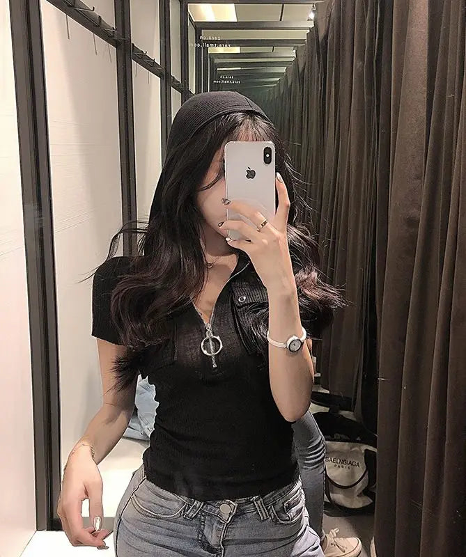 Sexy Pure Desire Sle Zipper Hoodie ort Sve T-irt Women's Slim Fit ow Chest Large Summer New Faion Korean Version