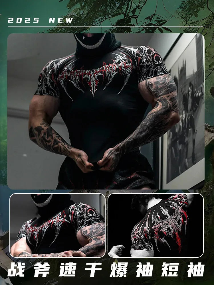 Gothic Battle Axe Short Sleeved Men's Quick Drying Stretch Fitness Suit For Summer Sports With Tight Compression Cuffs T-shirt