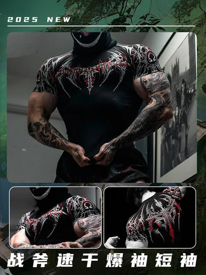 Gothic Battle Axe Short Sleeved Men's Quick Drying Stretch Fitness Suit For Summer Sports With Tight Compression Cuffs T-shirt
