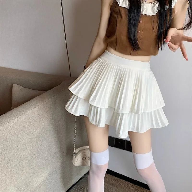 Women Ruffled Pleated A-Line Mini Skirt Summer Tulle Cake High Waist Slim Skirt Shorts Female Sexy Korean Kawaii White
