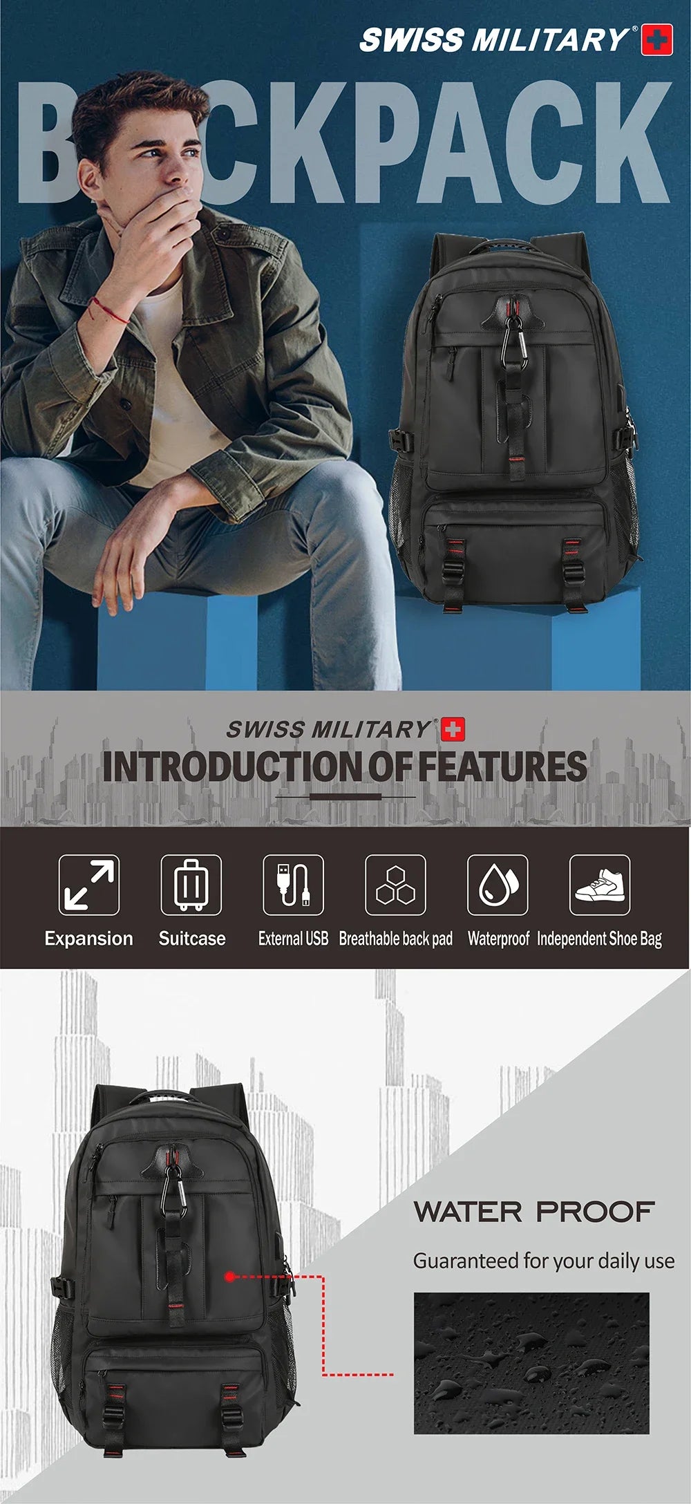 SWISS MILITARY Travel Backpack Large Capacity Waterproof USB Expandable Bag 17.3 Laptop Bag Men Outdoor Sports Backpacks Mochila