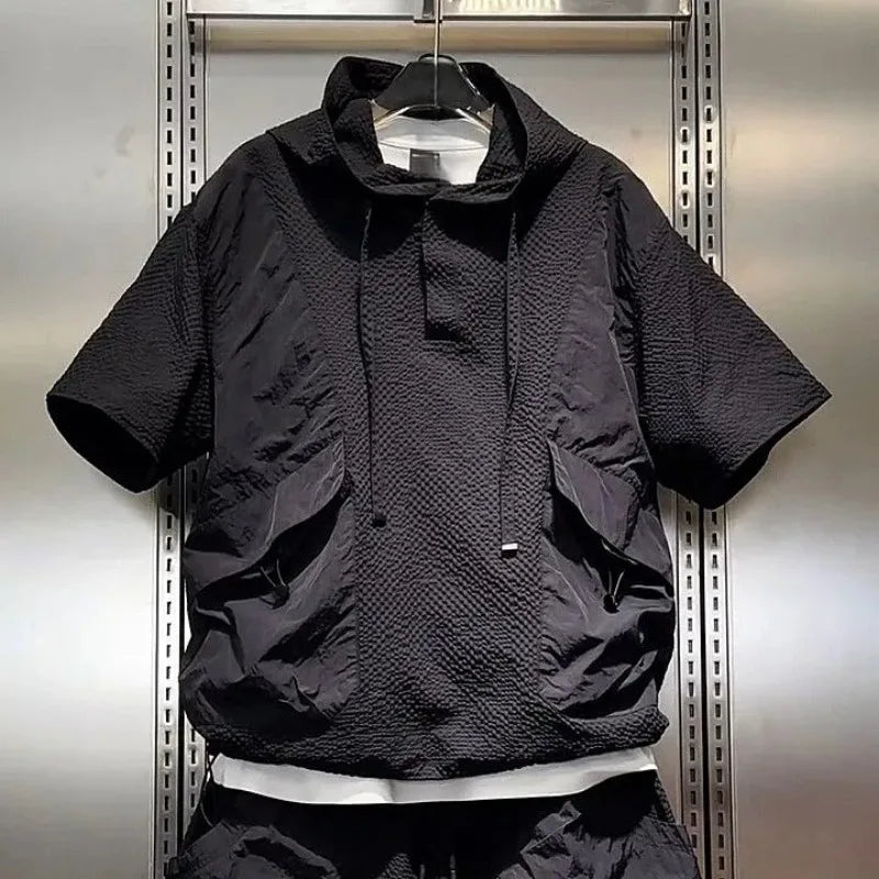 Fashionable Workwear Breathable Quick-drying Sports Suit Men's Textured Casual Hooded Short-sleeved Shorts Two-piece Set