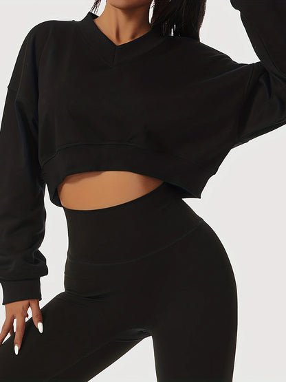 womens solid cropped long sleeve sweatshirts casual v neck pullover sports t shirts tops womens clothing
