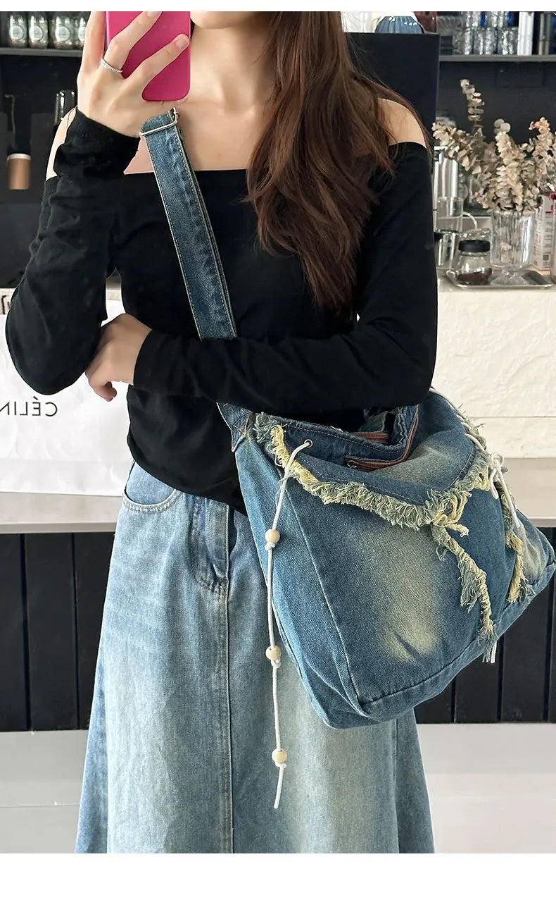 Y2K Korean Harajuku Gothic Hobo Denim Bag Aesthetic Vintage Purses WomenHandbag Crossbody Messenger Tote Peddler Shoulder Bags