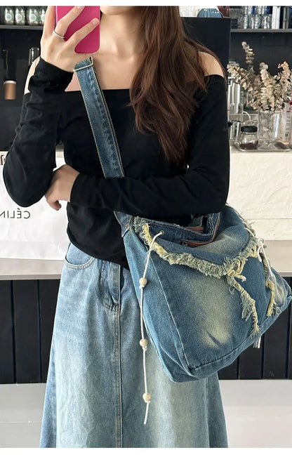 Y2K Korean Harajuku Gothic Hobo Denim Bag Aesthetic Vintage Purses WomenHandbag Crossbody Messenger Tote Peddler Shoulder Bags