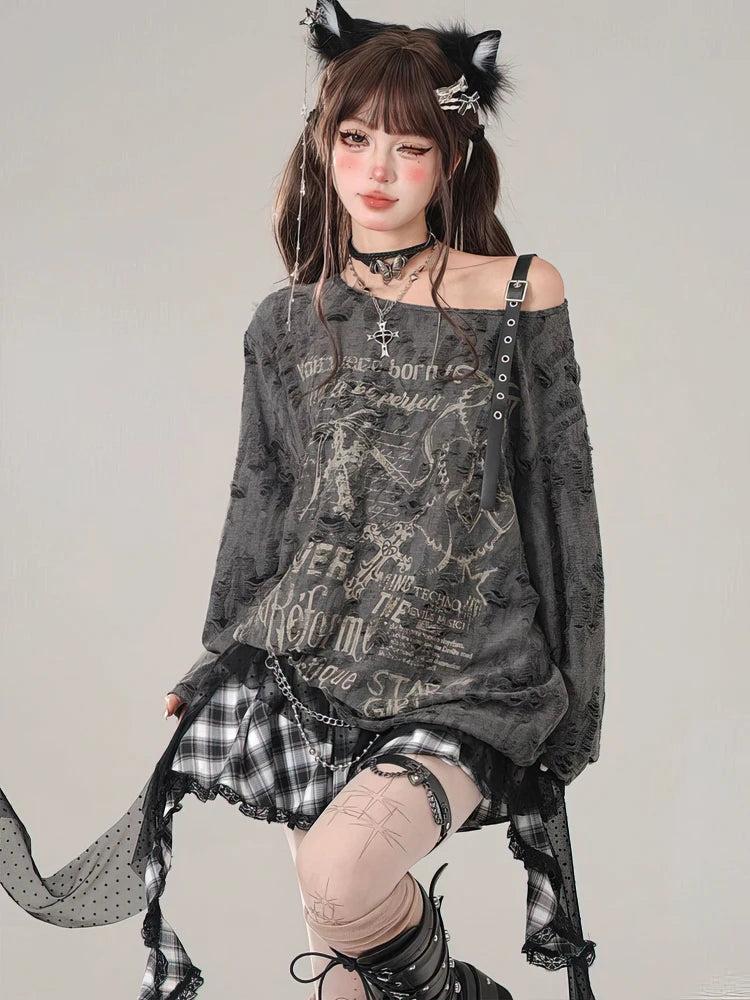 Gothic Vintage Oversize Long sleeve T shirt Women Sweet Sexy Off shoulder Tops Spring Autumn Fashion Holes Basic Tees