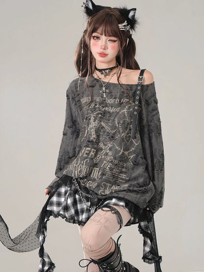 Gothic Vintage Oversize Long sleeve T shirt Women Sweet Sexy Off shoulder Tops Spring Autumn Fashion Holes Basic Tees
