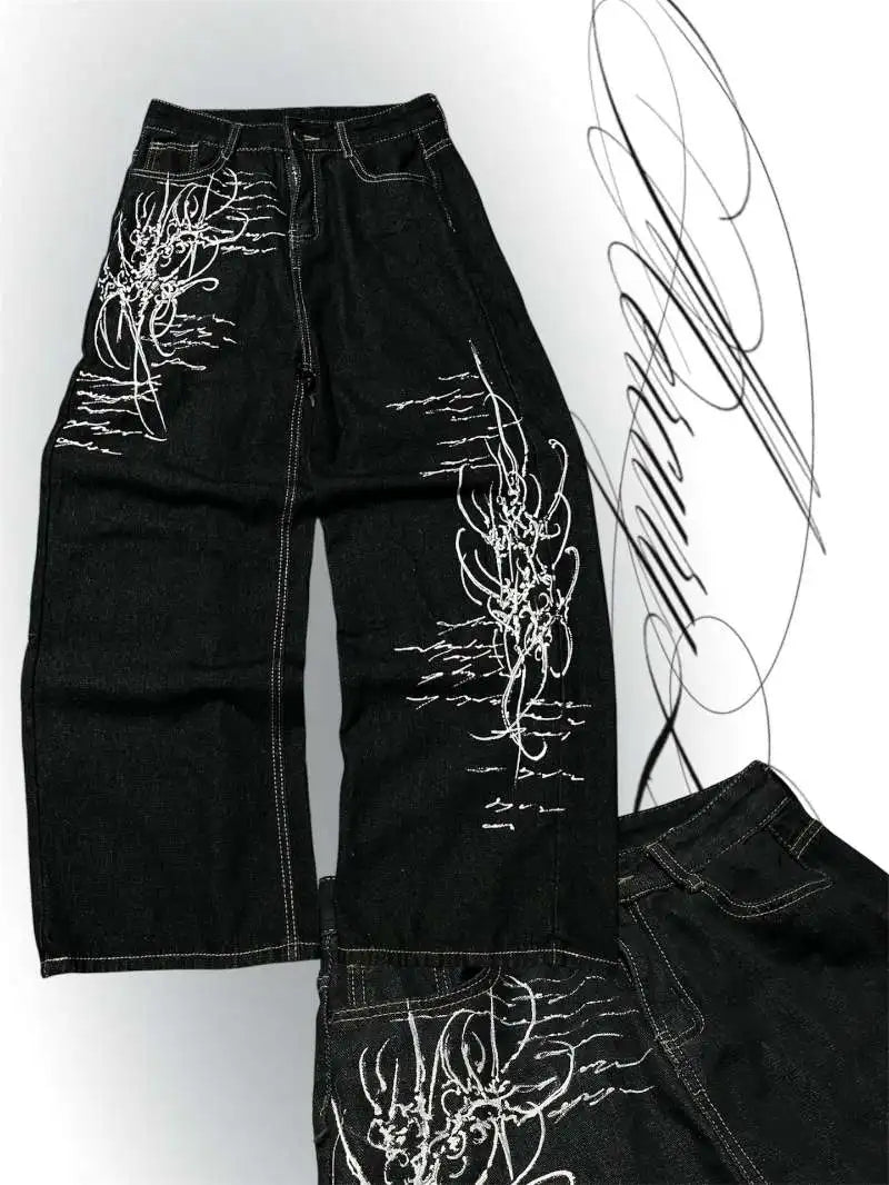 Y2K Hip-hop Jeans Vintage Straight Leg Denim Pants Streetwear Graffiti Print Casual Wide Leg Trousers Baggy Daily Wear Jeans