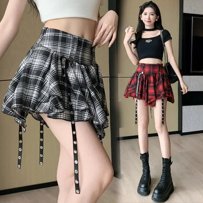 Sexy Plaid Pleated Mini Skirts For Women Y2k Casual Simple Korean Fashion Preppy Style Vintage Chic High Waist Faldas Hotsweet