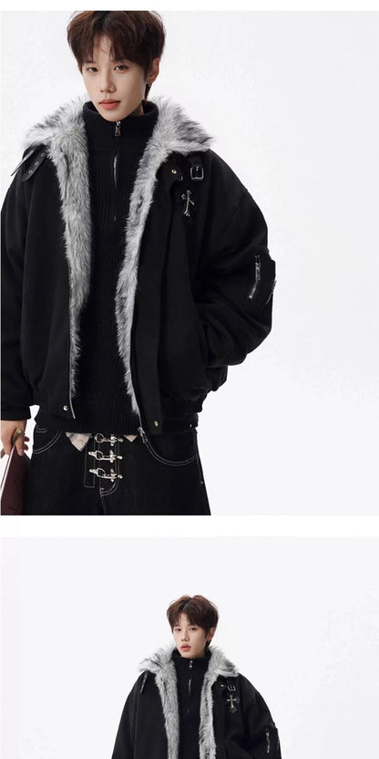 PFNW Fashion Versatile Warm Coat Autumn Winter New Men's Fur Collar High Quality Thick Cotton Jacket 28L1062