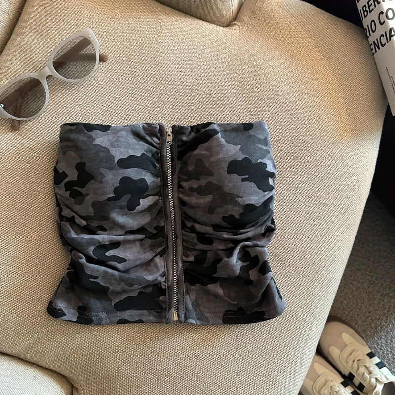 Sexy American Girl Camouflage Print Tube Top Vest Women's Summer Zipper Open Cardigan Shoulder Bared Short Style Top