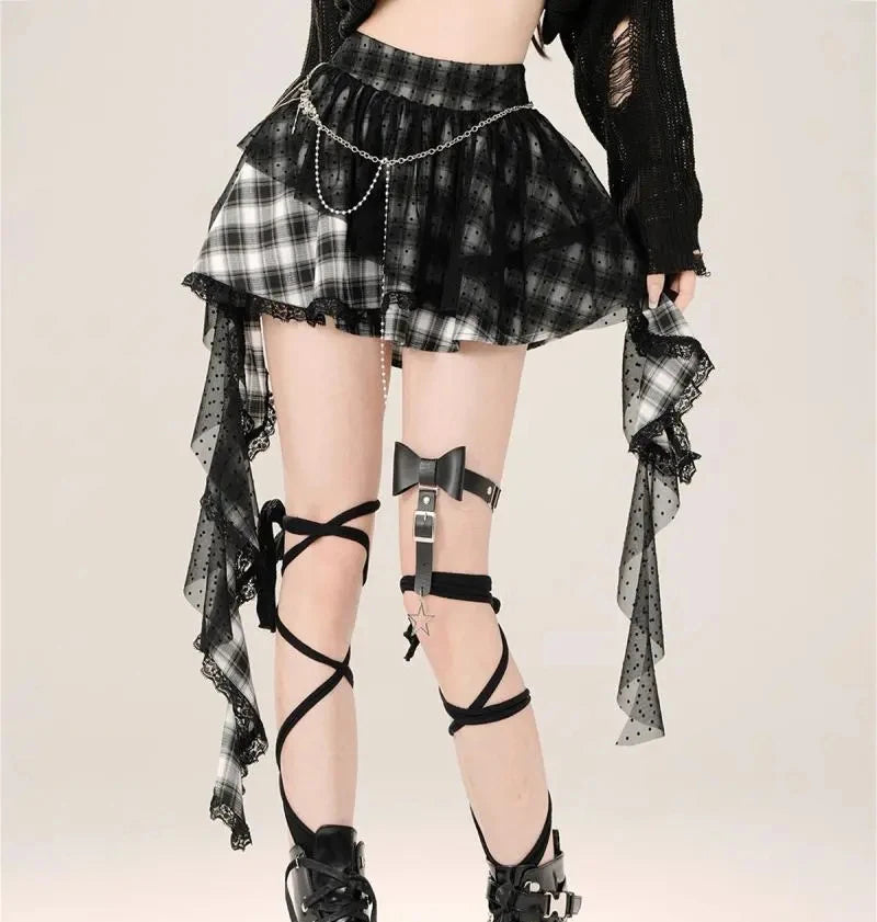 Y2K Harajuku Plaid Skirt Women Retro Streetwear High Waist Gothic Mini Skirt Retro Lace Patchwork Punk Fashion Skirt New Style