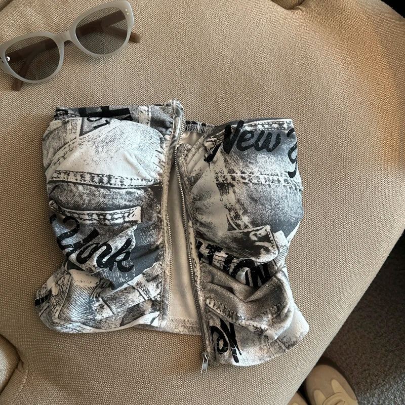 Sexy American Girl Camouflage Print Tube Top Vest Women's Summer Zipper Open Cardigan Shoulder Bared Short Style Top