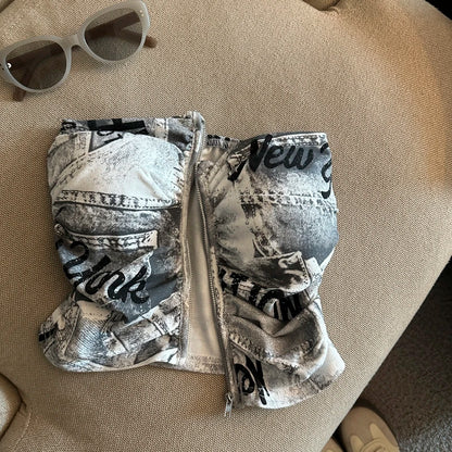 Sexy American Girl Camouflage Print Tube Top Vest Women's Summer Zipper Open Cardigan Shoulder Bared Short Style Top