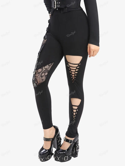 Plus Size Women Elastic Waist Pants Black Gothic Fishnet Hollow Out Patchwork Buckle Grommet Skinny Pant Bottoms