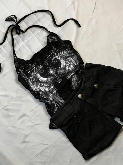 Women's Y2K Rose-Print Halter Crop Top