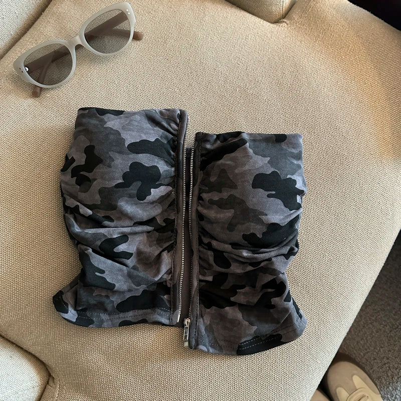 Sexy American Girl Camouflage Print Tube Top Vest Women's Summer Zipper Open Cardigan Shoulder Bared Short Style Top