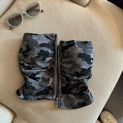 Sexy American Girl Camouflage Print Tube Top Vest Women's Summer Zipper Open Cardigan Shoulder Bared Short Style Top