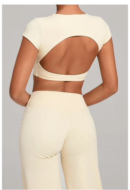 Hollow Backless Short Sleeve Sporty Slim T-shirt Women Crop Top Breathable Quick Dry Gym Workout Top Sport Shirt Fitness Clothes