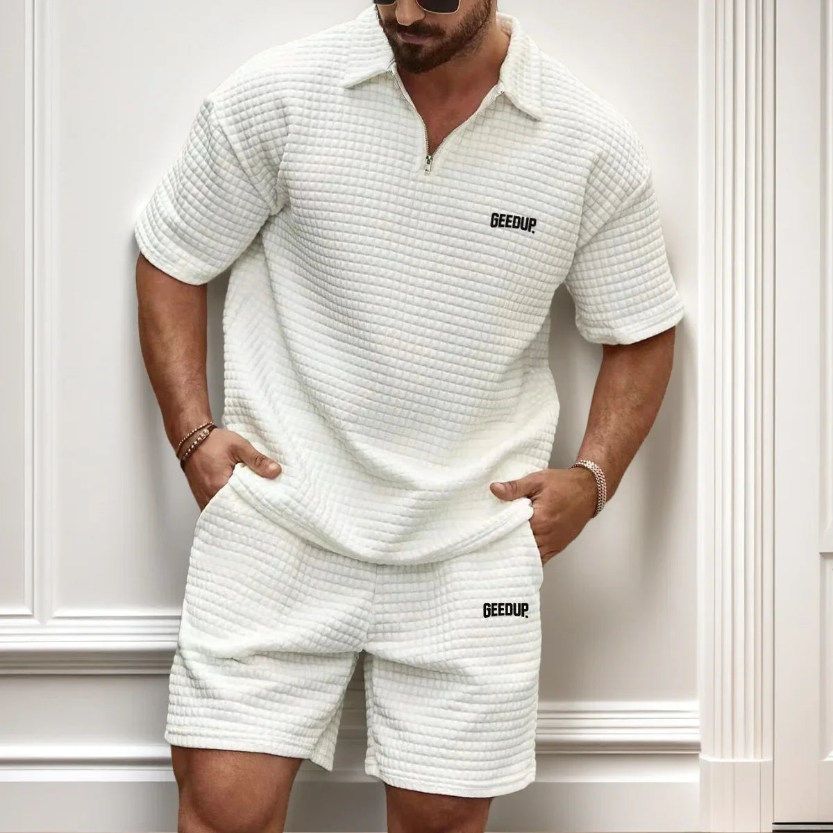 New men's casual, fashionable and comfortable waffle checkered letter lapel sportswear set, spring and summer two-piece set