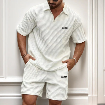 New men's casual, fashionable and comfortable waffle checkered letter lapel sportswear set, spring and summer two-piece set