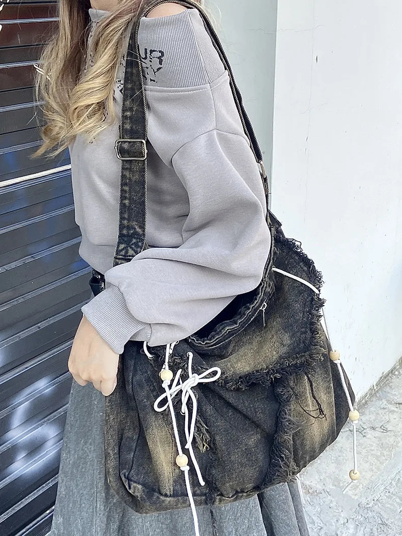Y2K Korean Harajuku Gothic Hobo Denim Bag Aesthetic Vintage Purses WomenHandbag Crossbody Messenger Tote Peddler Shoulder Bags