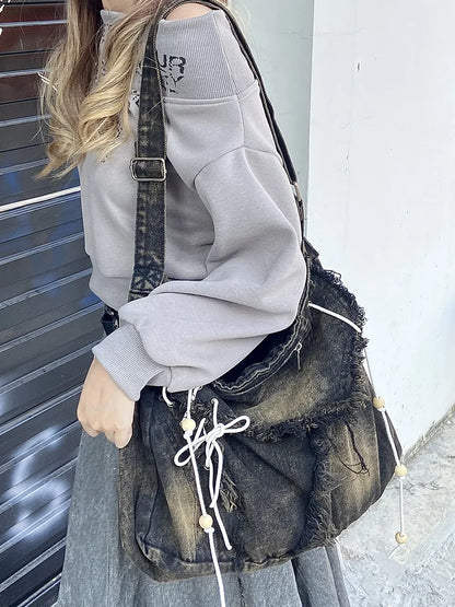 Y2K Korean Harajuku Gothic Hobo Denim Bag Aesthetic Vintage Purses WomenHandbag Crossbody Messenger Tote Peddler Shoulder Bags