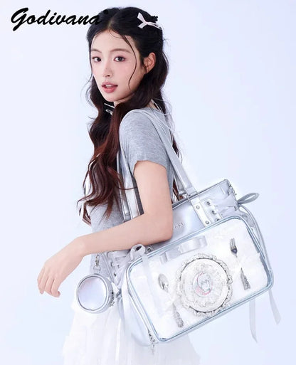 Japanese New Girls Silver Shoulder Bag Large Capacity Ribbon Itabag Student Women's Satin Messenger Bag Leather Backpacks