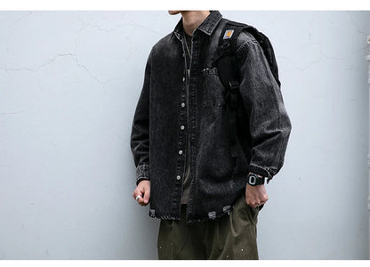 American Streetwear Wash Denim Shirts For Men Harajuku Casual Men'S Clothing Vintage Blue Lapel Cargo Coat Korean Long Sleeve
