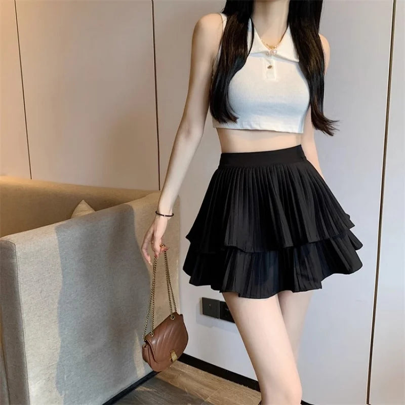 Women Ruffled Pleated A-Line Mini Skirt Summer Tulle Cake High Waist Slim Skirt Shorts Female Sexy Korean Kawaii White