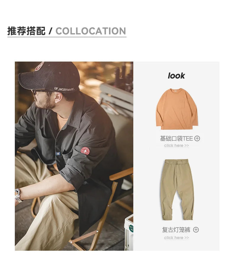 Maden Wrinkle-resistant Subtle Stripe Shirts for Men Outdoor Dark Gray Long-sleeved Loose Fit Shirt Autumn Pockets Shirts Jacket
