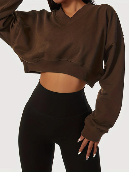 womens solid cropped long sleeve sweatshirts casual v neck pullover sports t shirts tops womens clothing