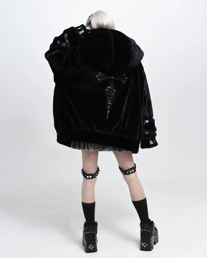 Lautaro Autumn Winter Thick Warm Faux Fur Coat Women with Hood Zipper Luxury Japanese Style Punk Harajuku Fluffy Jacket 2026