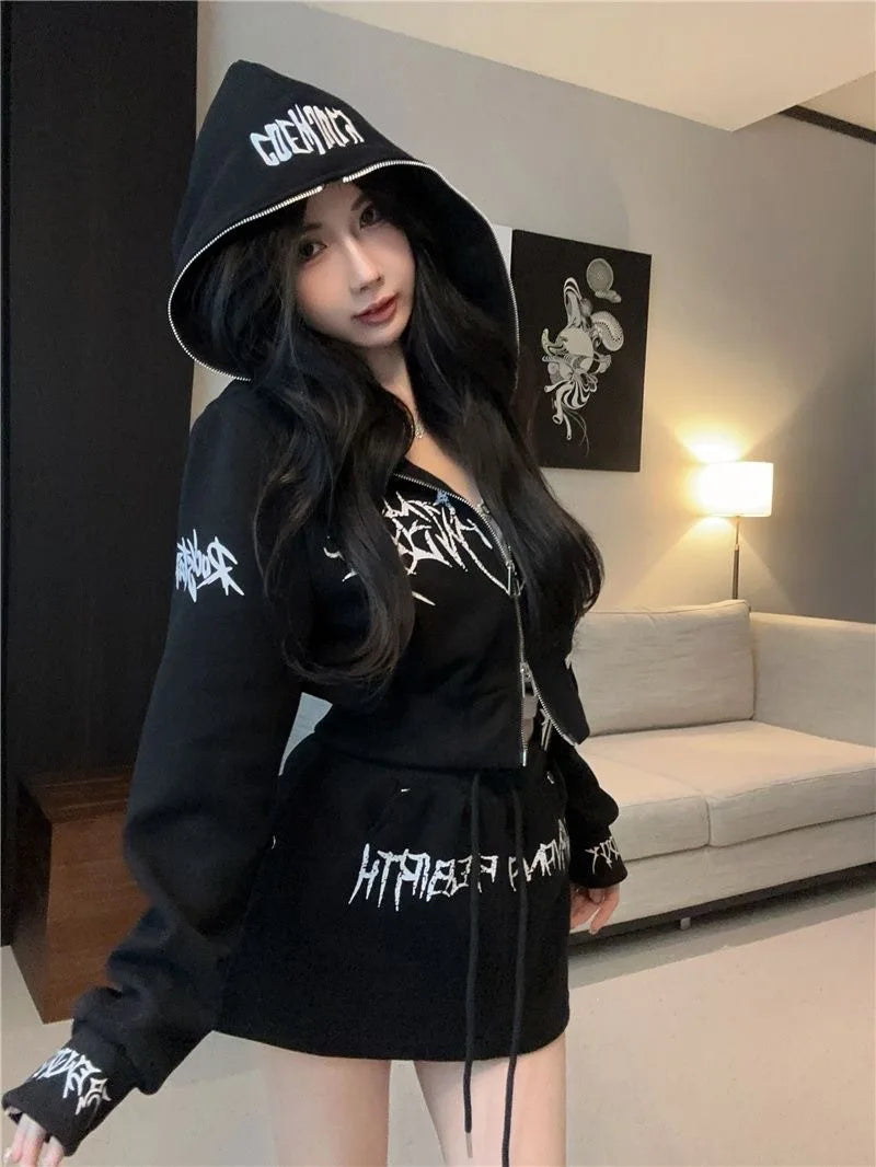 Dark Style Short Letter Sweatshirt And  Skirt Set for Women Trendy Streetwear Autumn Collection Long Sleeve Casual Sports...