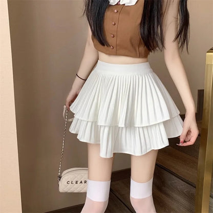 Women Ruffled Pleated A-Line Mini Skirt Summer Tulle Cake High Waist Slim Skirt Shorts Female Sexy Korean Kawaii White