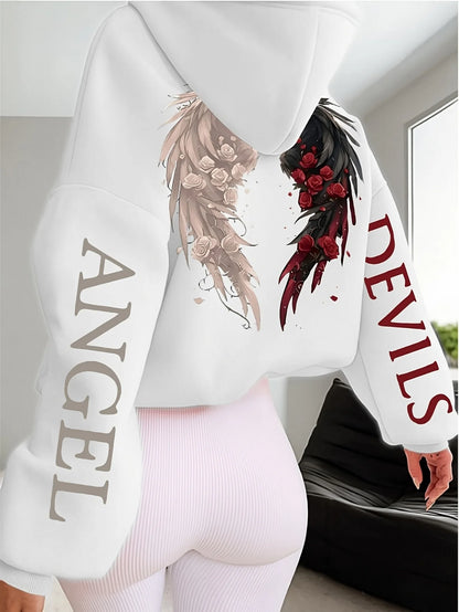 Women's Plus-size Hooded Sweatshirt Gothic Angel and Demon Pattern Autumn and Winter Fleece Streetwear Oversized Loose Casual