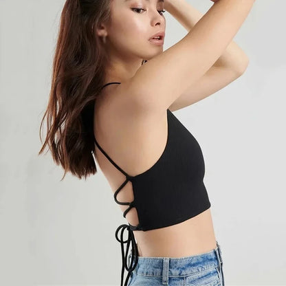 Women's Ribbed Lace-Up Halter Crop Top