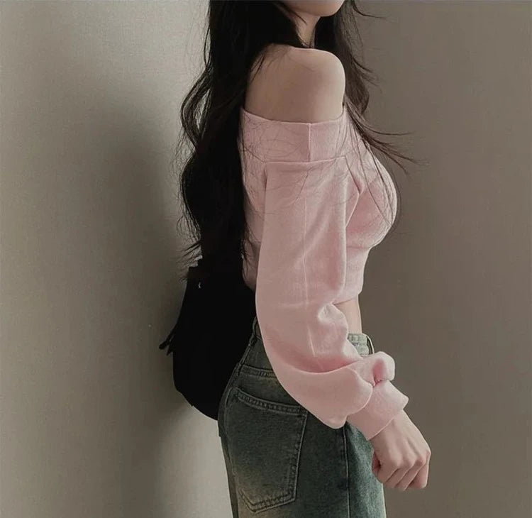 Slim Fit Long Sleeve Hoodie Women's Style Irregular Collar Show Shoulder Waist Cinching Short Length Commute Fashion  Color