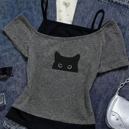 Summer fashion Kawaii retro TeesY2K creative design fake two-piece set - APEX RITUAL women's t-shirts