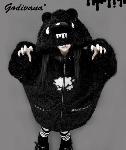 Japanese Gothic Hooded Plush Coat New Autumn Winter Subculture Cool Girl Women's Punk Rivet Lamb Wool Hoodie Jacket Zipper Coat