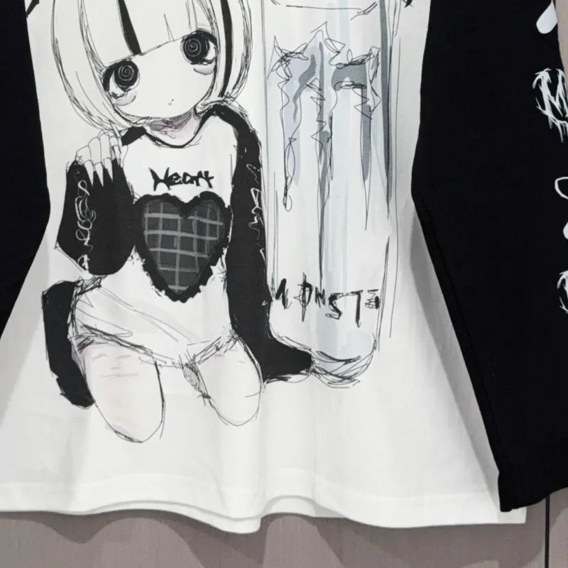 Kimutomo T Shirts Women Cartoon Printed Long Sleeve Loose Fashion Punk Style Grunge Gothic Y2k Aesthetic Harajuku Tops Ladies