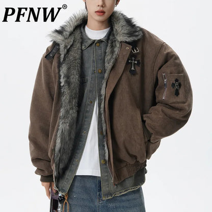 PFNW Fashion Versatile Warm Coat Autumn Winter New Men's Fur Collar High Quality Thick Cotton Jacket 28L1062