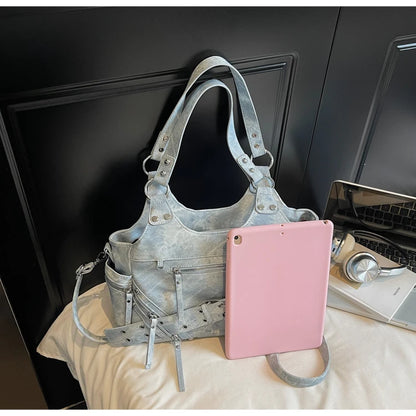 Fashionable Large Capacity Rivet Street Style Women's Tote Bag Shoulder Crossbody Bag Durable Polyester  Commuter Bag